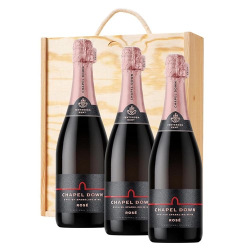 Chapel Down Rose English Sparkling Wine 75cl Treble Pine Wooden Gift Boxed (3x75cl)